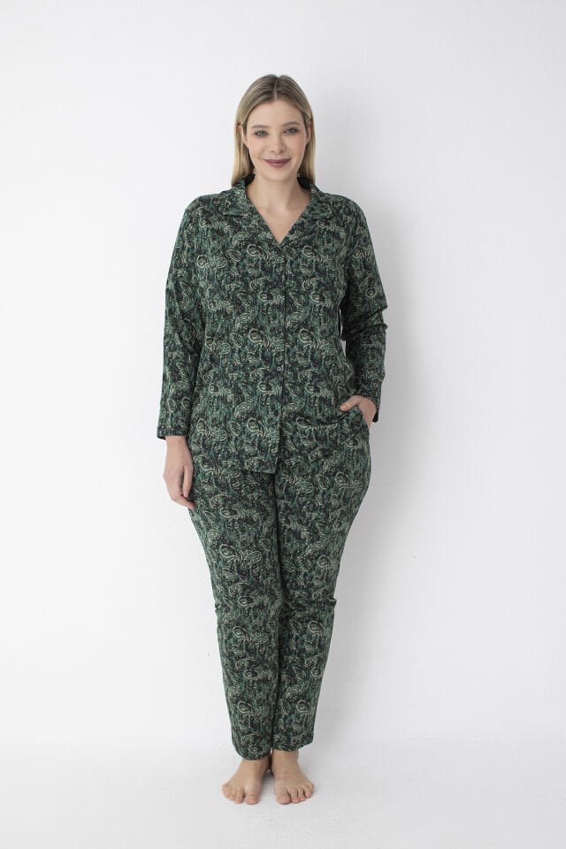Yeşil Şal Desen Büyük Beden Önden Düğmeli Pamuklu Pijama Takımı – %100 Pamuk