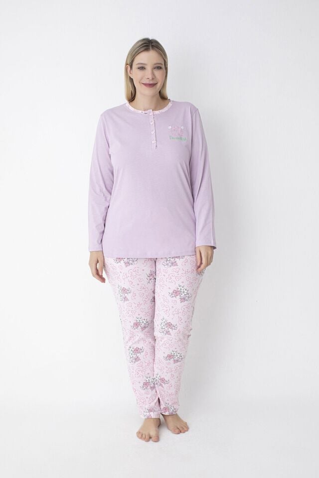 Gülkurusu Patlı Çiçek Desenli Büyük Beden Pamuklu Pijama Takımı – %100 Pamuk
