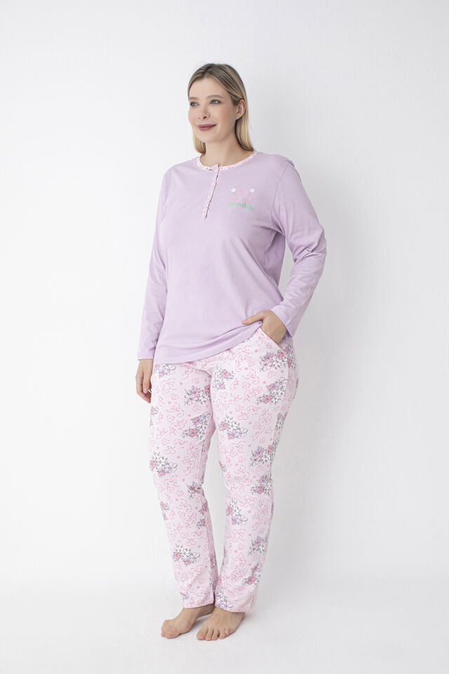 Gülkurusu Patlı Çiçek Desenli Büyük Beden Pamuklu Pijama Takımı – %100 Pamuk