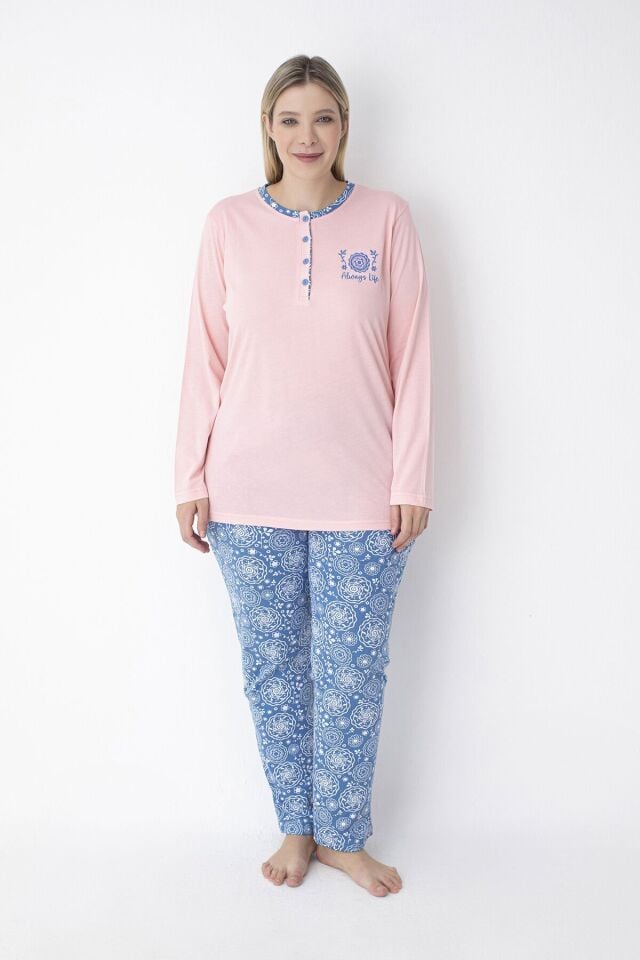 Pembe/Mavi Şal Desen Büyük Beden Pamuklu Pijama Takımı – %100 Pamuk