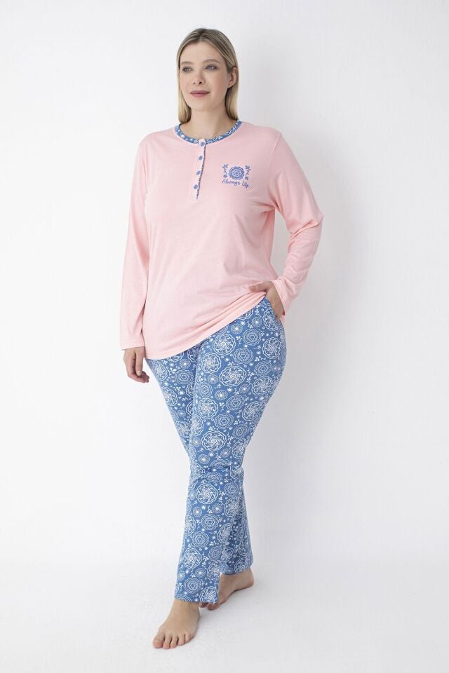 Pembe/Mavi Şal Desen Büyük Beden Pamuklu Pijama Takımı – %100 Pamuk