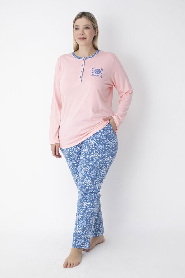 Pembe/Mavi Şal Desen Büyük Beden Pamuklu Pijama Takımı – %100 Pamuk