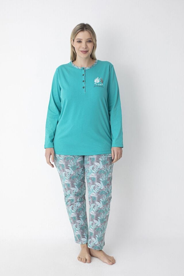 Yeşil Patlı Çiçek Desenli Büyük Beden Pamuklu Pijama Takımı – %100 Pamuk