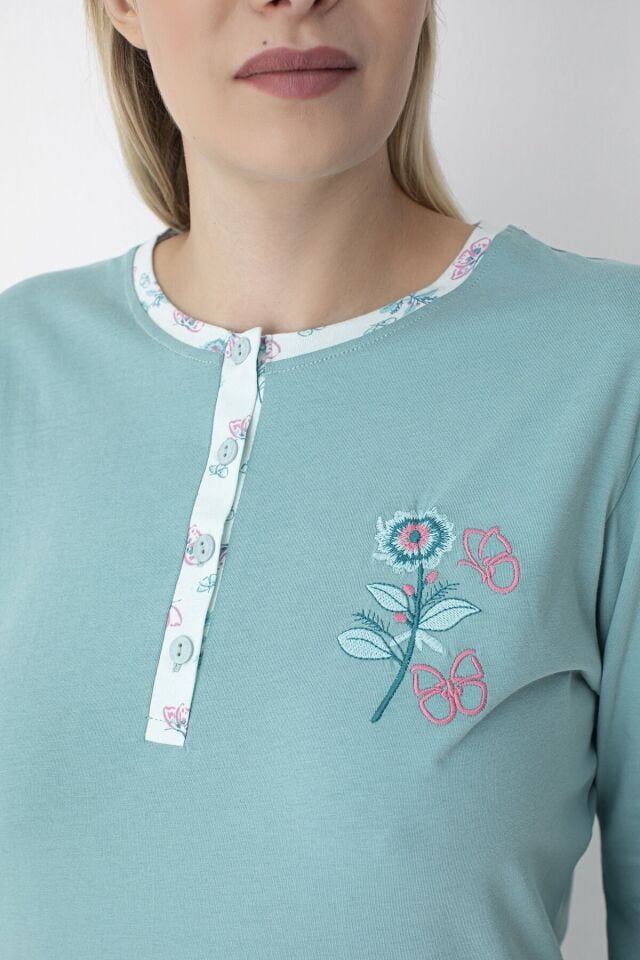 Su Yeşili Patlı Çiçek Desenli Büyük Beden Pamuklu Pijama Takımı – %100 Pamuk