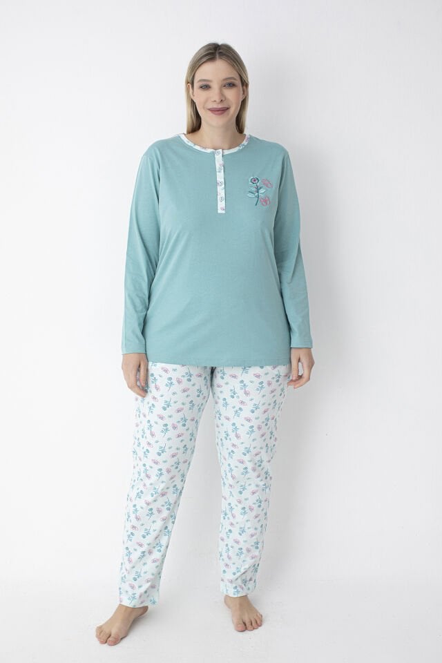 Su Yeşili Patlı Çiçek Desenli Büyük Beden Pamuklu Pijama Takımı – %100 Pamuk