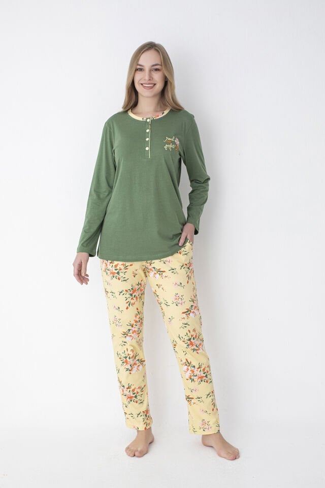 Yeşil Sarı Çiçek Desenli Uzun Kollu %100 Pamuk Pijama Takımı – Rahat ve Konforlu Ev Giyimi