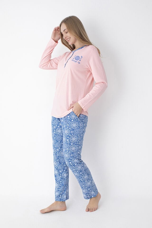Pembe / Mavi Uzun Kollu %100 Pamuk Pijama Takımı – Rahat ve Konforlu Ev Giyimi