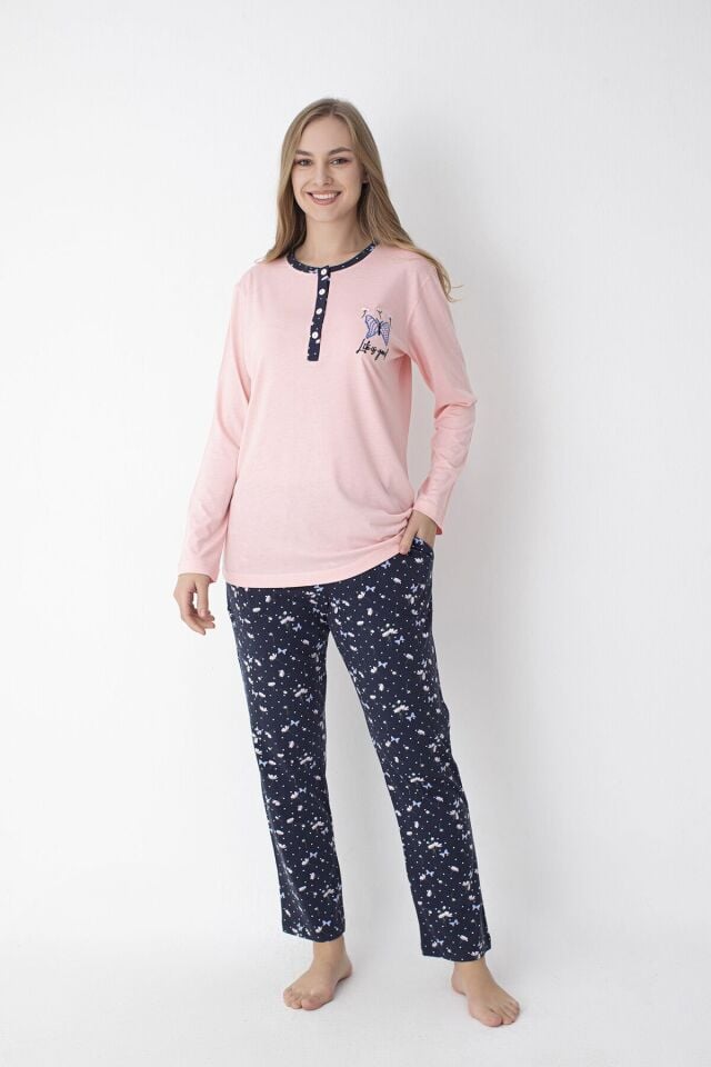 Pembe / Lacivert Uzun Kollu %100 Pamuk Pijama Takımı – Rahat ve Konforlu Ev Giyimi