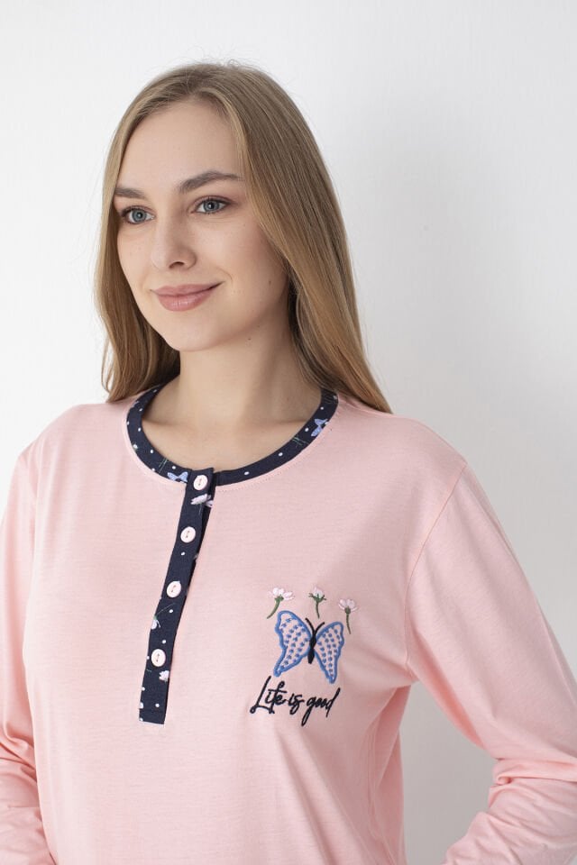 Pembe / Lacivert Uzun Kollu %100 Pamuk Pijama Takımı – Rahat ve Konforlu Ev Giyimi