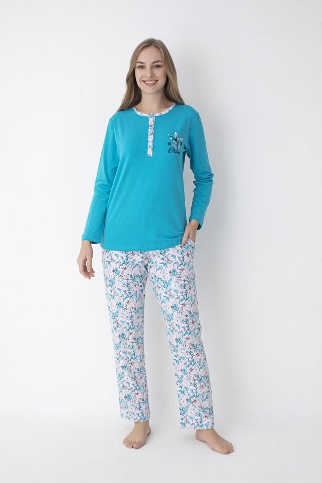 Turkuaz / Pembe Çiçek Desenli Uzun Kollu %100 Pamuk Pijama Takımı – Rahat ve Konforlu Ev Giyimi
