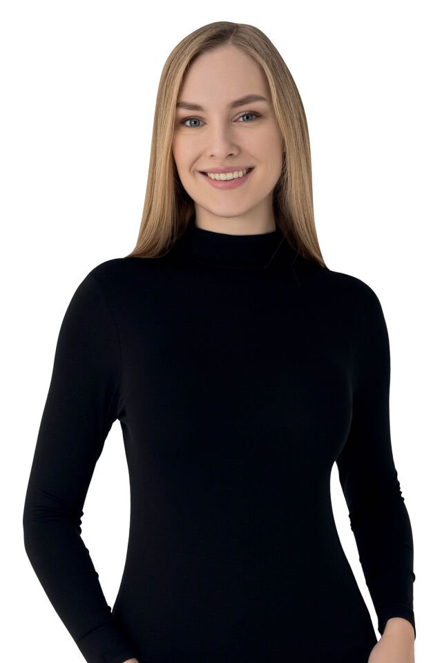 Senfoni Organik Bambu Bayan Yarım Balıkçı Yaka Uzun Kollu Body %92 Bambu – İç Giyim