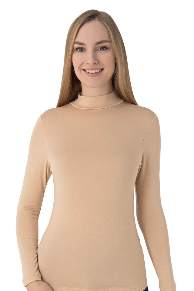 Organik Bambu Yarım Balıkçı Yaka Uzun Kollu Kadın Body