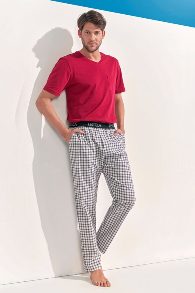 Penye Pijama Takımı V Yaka Kısa Kollu Cepli Bordo Üst Ekose Desenli Dokuma Alt