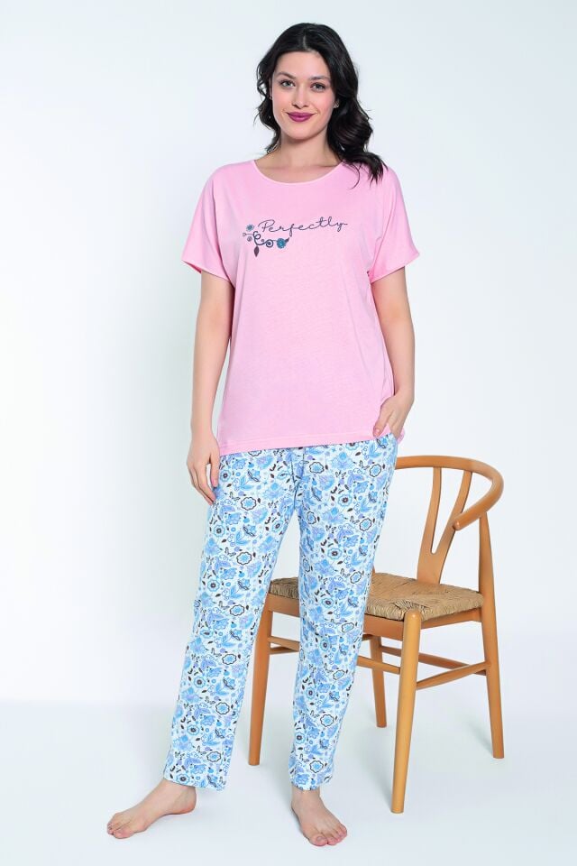 Pembe Desenli Kısa Kollu Modal Kadın Pijama Takımı