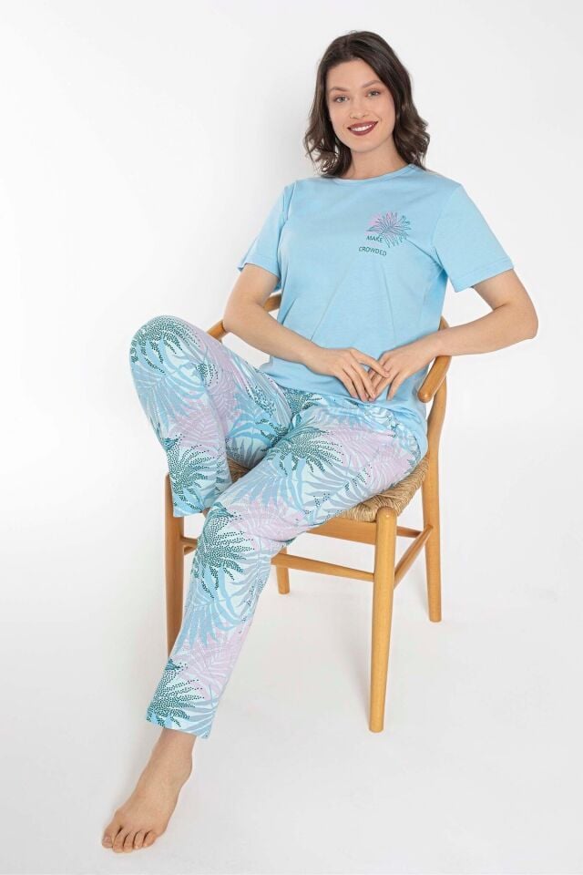 Mavi Tropik Desenli Kısa Kollu %100 Pamuk Kadın Pijama Takımı